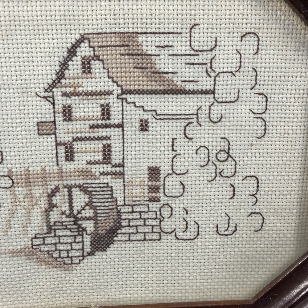 Vintage Cross Stitch Water Mill Scene Octagon Frame Brown Sepia Folk Art HK